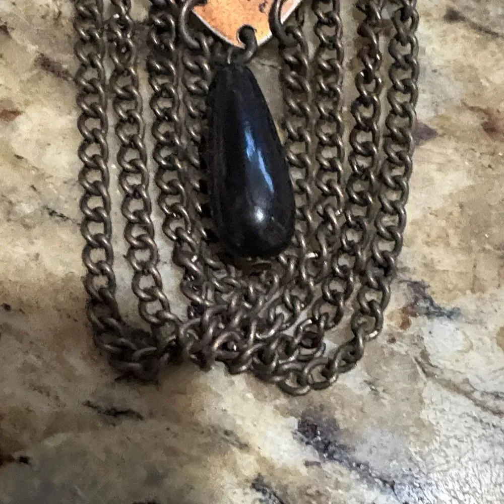 Artistic Black and Bronze Brooch with Chains